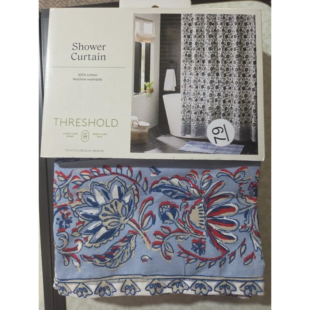 Threshold Shower Curtain Americana Floral 100% Cotton Blue Border 72x72 New